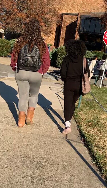 See through black leggings + her thicker friend in tight greys ...