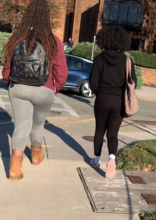 See through black leggings + her thicker friend in tight greys ...