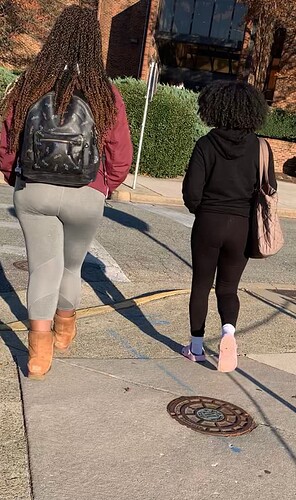 See through black leggings + her thicker friend in tight greys ...