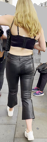 Sexy blonde tigh black leather jeans  (5)
