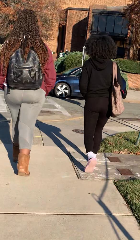 See through black leggings + her thicker friend in tight greys ...