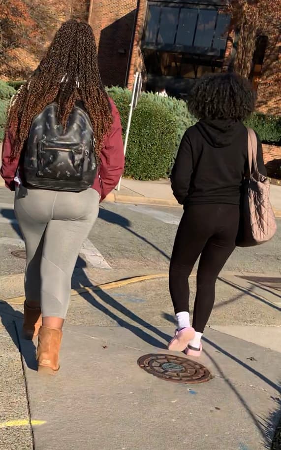 See through black leggings + her thicker friend in tight greys ...