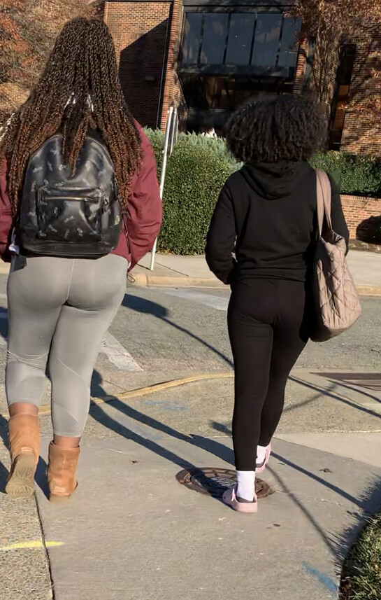 See through black leggings + her thicker friend in tight greys ...