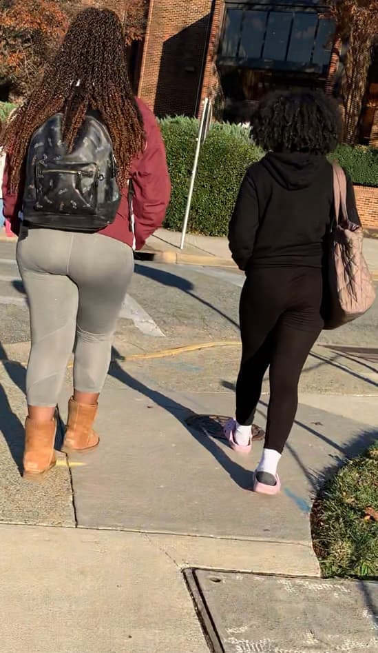 See through black leggings + her thicker friend in tight greys ...