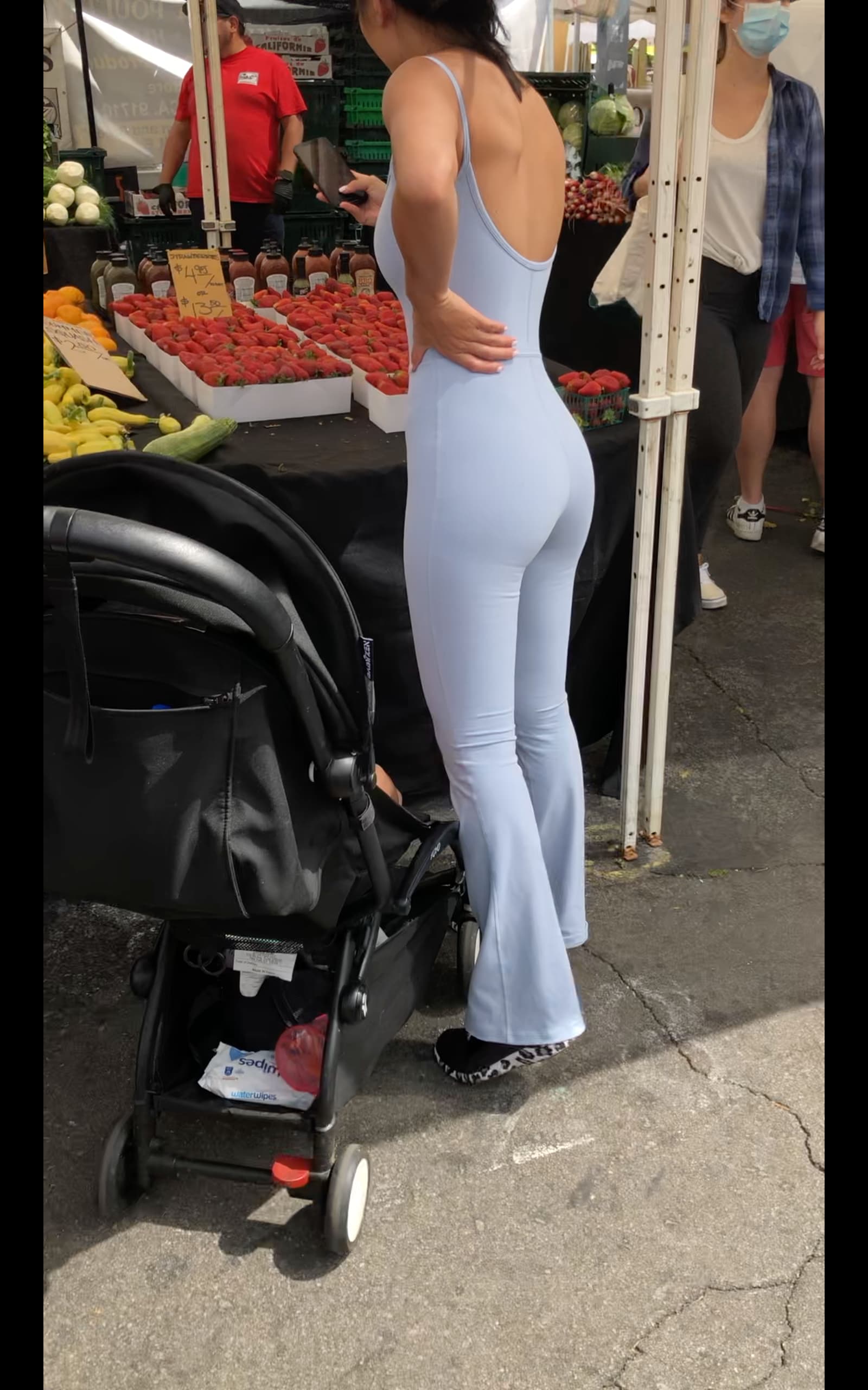 Gorgeous Asian Milf Wearing A Slutty One Piece To The Flea Market Spandex Leggings And Yoga