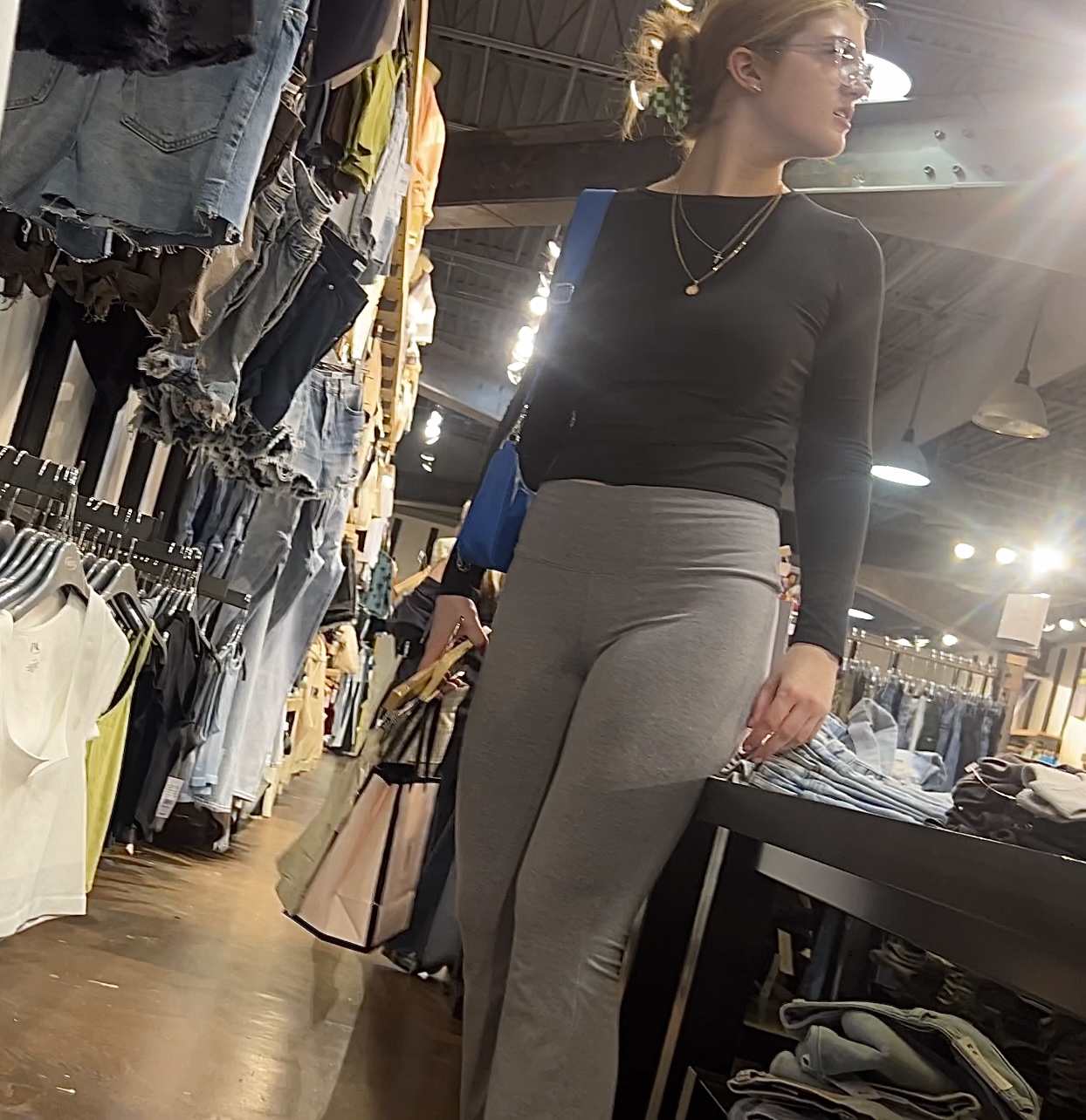 Cute Nerdy Redhead Bending Over In Grey Flare Leggings Spandex